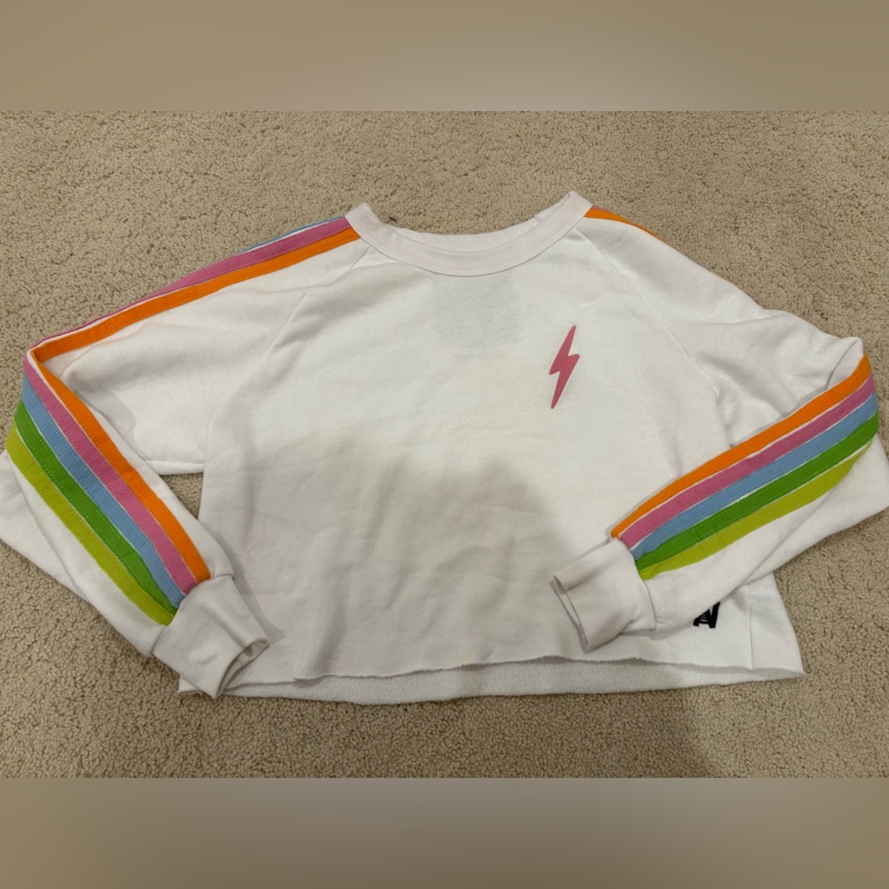 Aviator Nation White Cropped Sweatshirt with Pastel Rainbow Stripes, Size Small